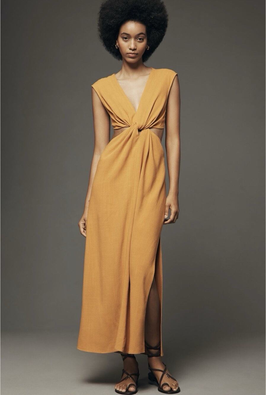 Anthropologie Midi V-Neck Cut-Out Dress Mustard Size Small
